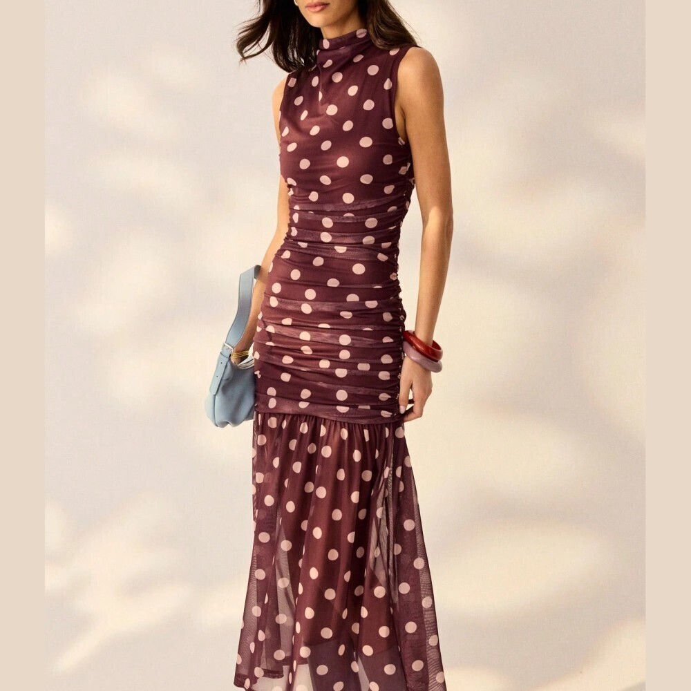 Burgundy Polka Dot Sheer Mesh Ruched Stand Collar Sleeveless Maxi Dress